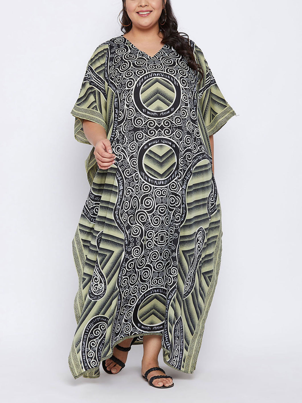 Ladies Geometric Multi Print V-Neck Kaftan Maxi Summer Dress