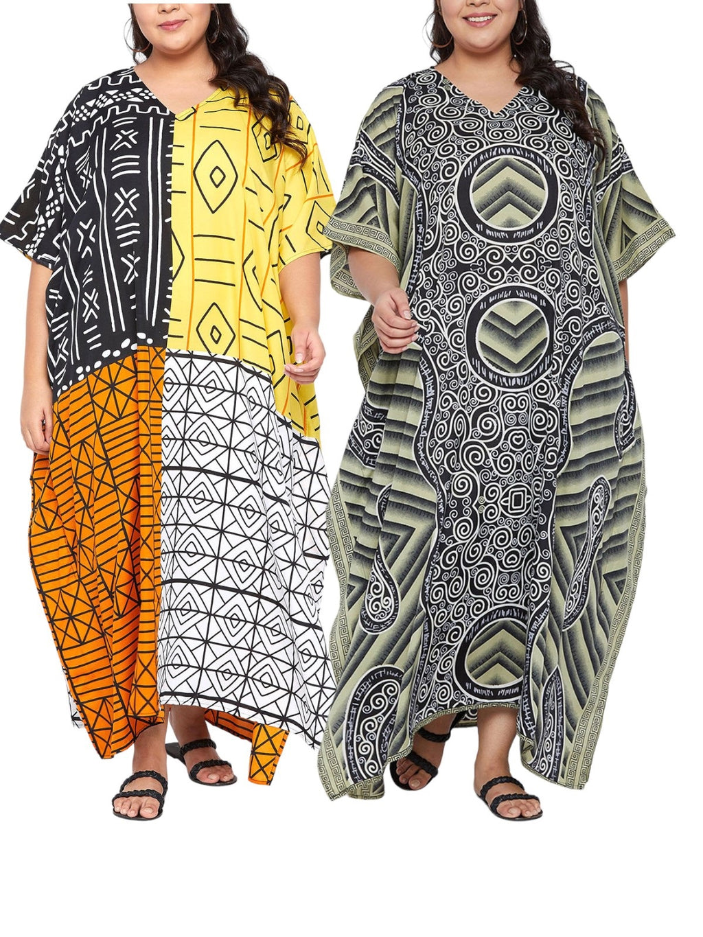 Ladies Geometric Multi Print V-Neck Kaftan Maxi Summer Dress