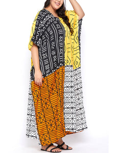 Ladies Geometric Multi Print V-Neck Kaftan Maxi Summer Dress