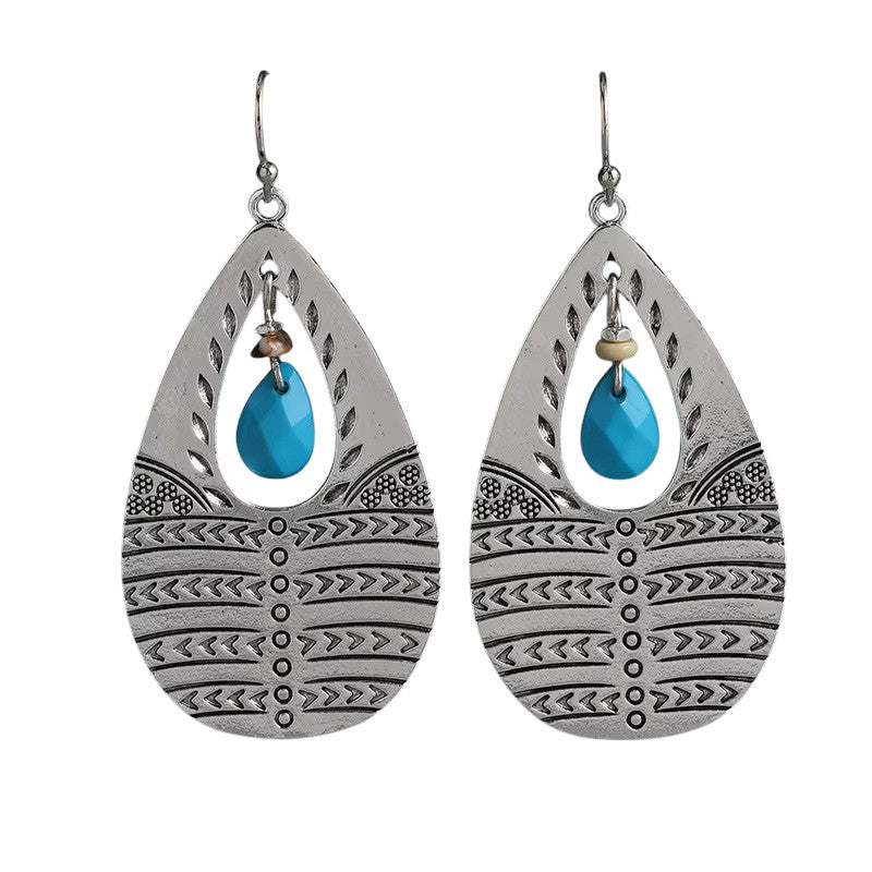 Ladies Silver Vintage Retro Style Turquoise Middle Bead Oval Hook Earrings