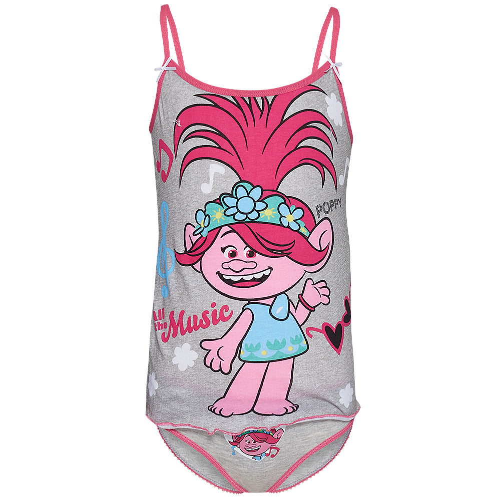 Girls Grey Trolls Soft Cotton 2Pk Sleeveless Vest Cami Top & Matching Brief Sets