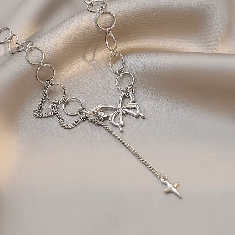 Ladies Silver Butterfly Tassels Clavicle Chain Collarbone Choker Necklace