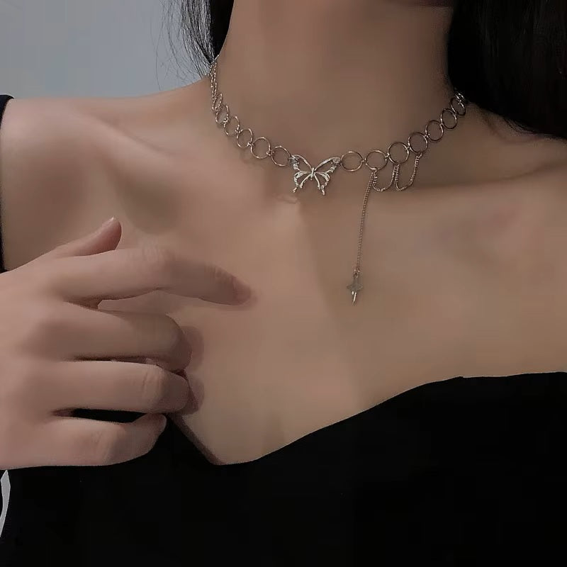 Ladies Silver Butterfly Tassels Clavicle Chain Collarbone Choker Necklace