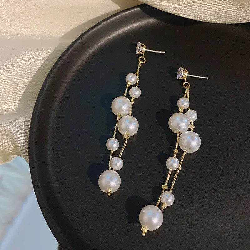 Ladies Gold Plated Simulated Pearl Double Beads Long Dangle Stud Earrings