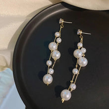 Load image into Gallery viewer, Ladies Gold Plated Simulated Pearl Double Beads Long Dangle Stud Earrings
