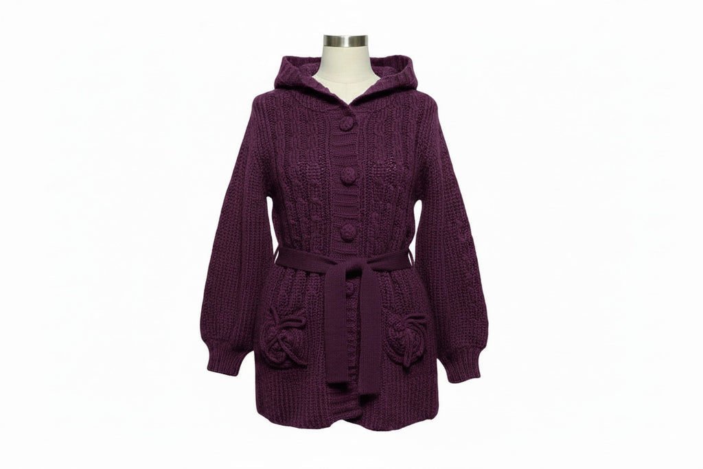 Girls Purple Button Down Cable Thick Knit Hooded Pockets Belted Cardigan 10Years