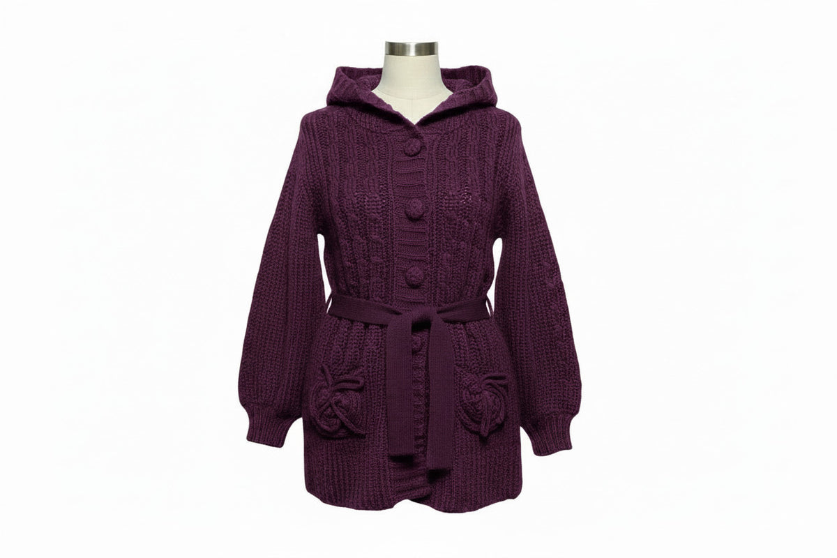 Girls Purple Button Down Cable Thick Knit Hooded Pockets Belted Cardigan 10Years