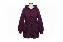 Load image into Gallery viewer, Girls Purple Button Down Cable Thick Knit Hooded Pockets Belted Cardigan 10Years
