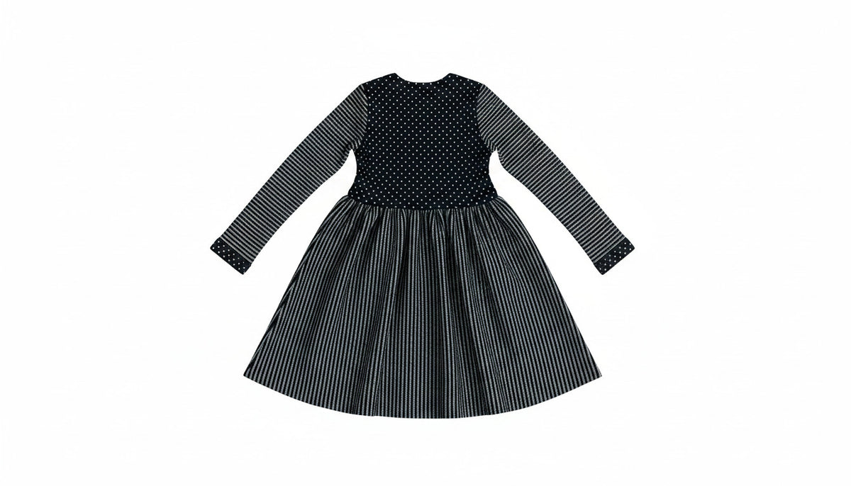 Girls Black & White Polka Dot & Stripe Crew Neck Button Skater Long Sleeve Dress