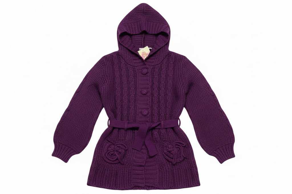 Girls Purple Button Down Cable Thick Knit Hooded Pockets Belted Cardigan 10Years