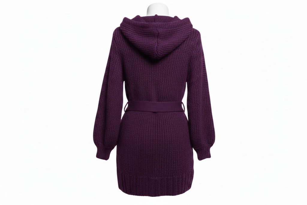 Girls Purple Button Down Cable Thick Knit Hooded Pockets Belted Cardigan 10Years