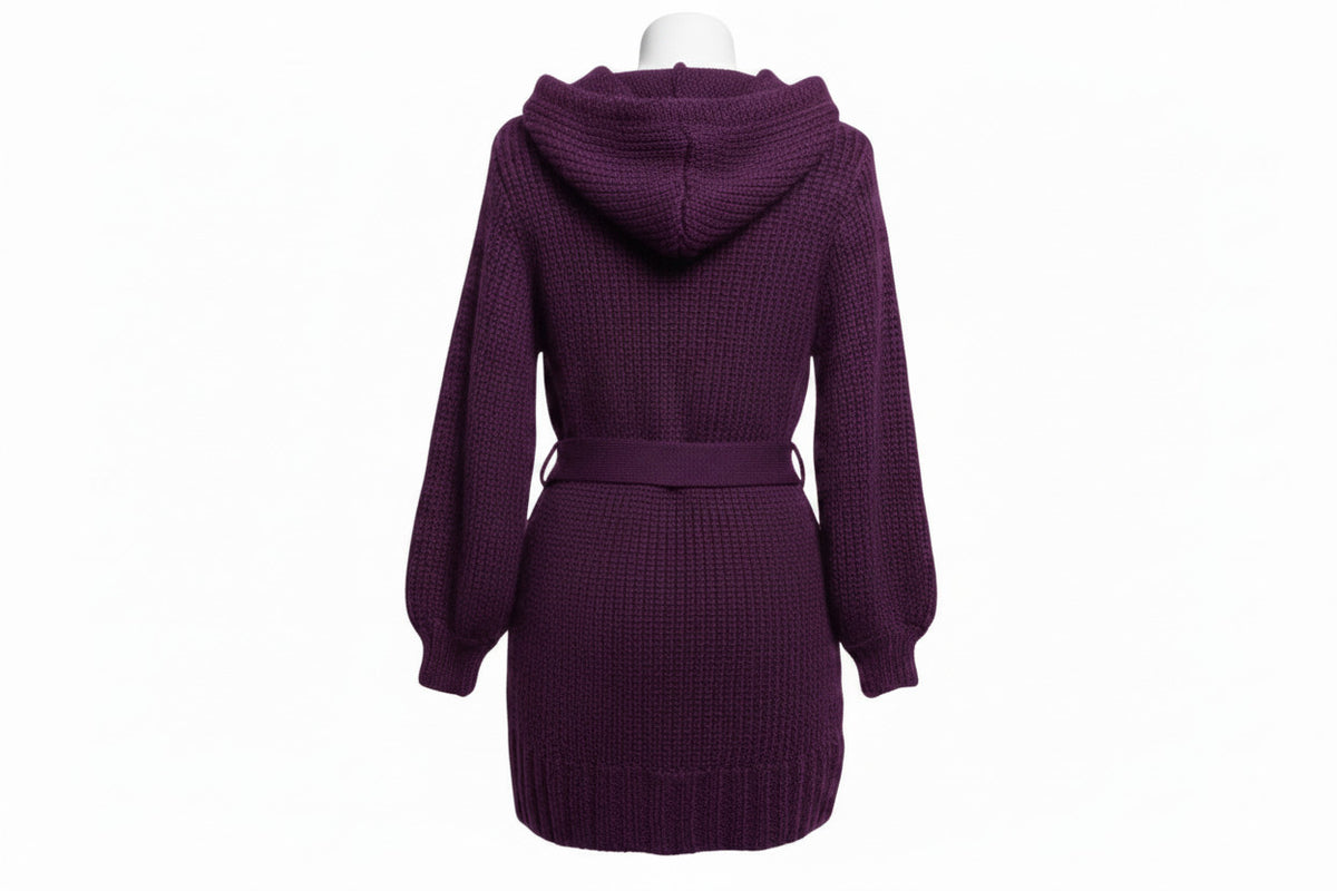 Girls Purple Button Down Cable Thick Knit Hooded Pockets Belted Cardigan 10Years