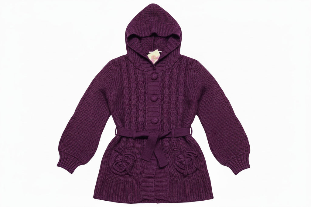 Girls Purple Button Down Cable Thick Knit Hooded Pockets Belted Cardigan 10Years