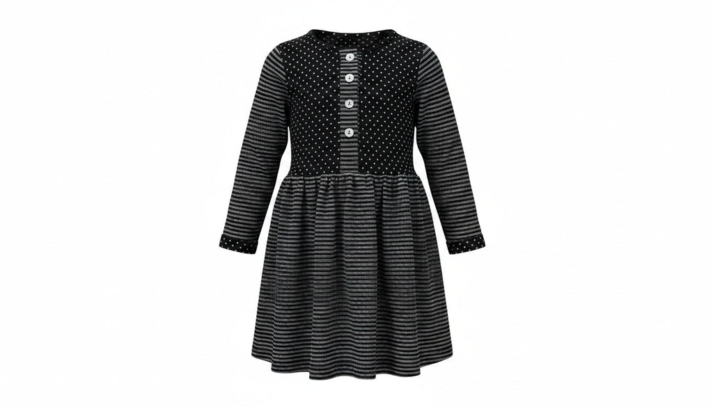 Girls Black & White Polka Dot & Stripe Crew Neck Button Skater Long Sleeve Dress