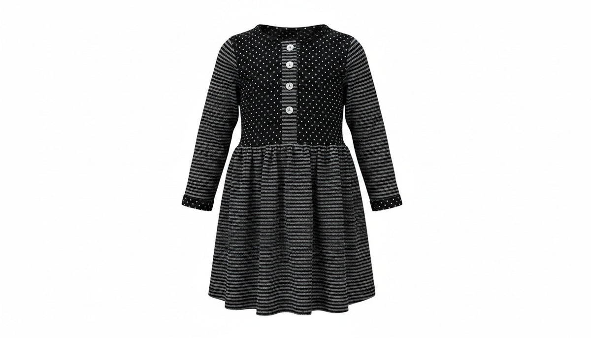 Girls Black & White Polka Dot & Stripe Crew Neck Button Skater Long Sleeve Dress
