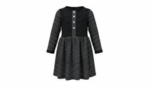 Load image into Gallery viewer, Girls Black &amp; White Polka Dot &amp; Stripe Crew Neck Button Skater Long Sleeve Dress
