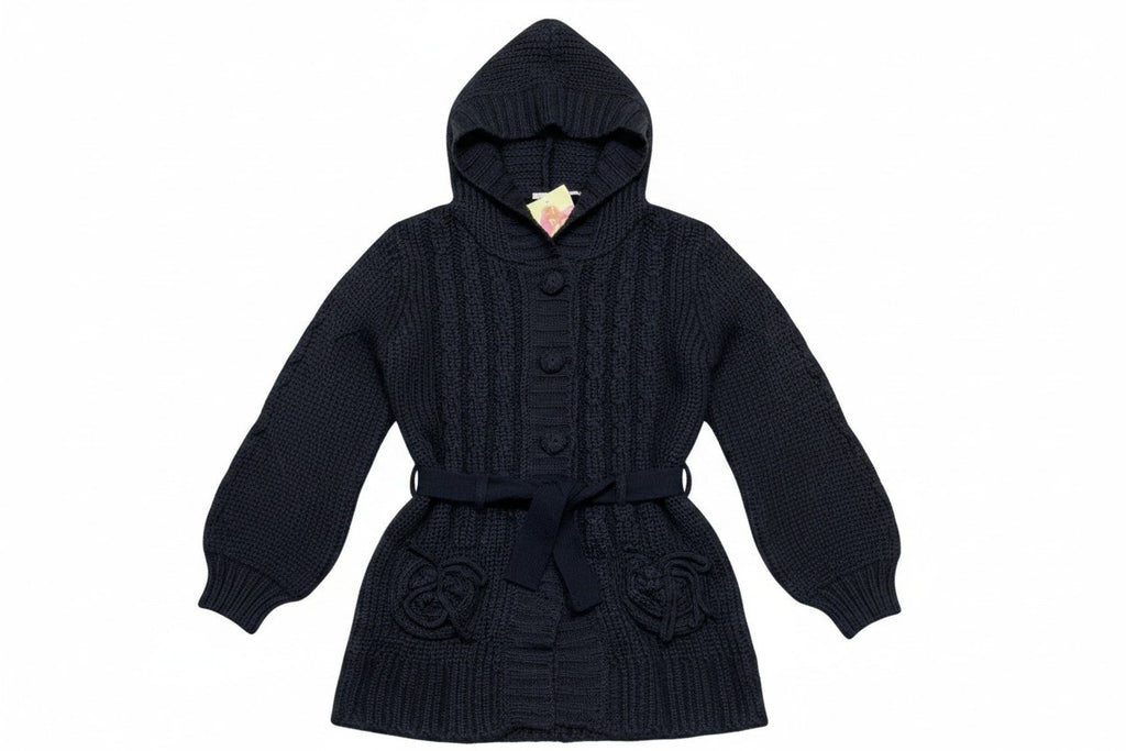 Girls Black Button Down Cable Knitted Hooded Cardigan