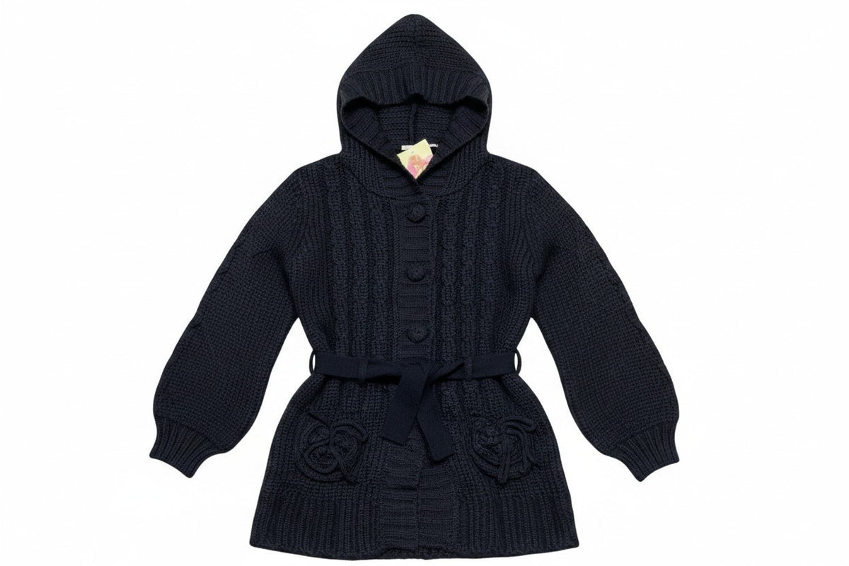 Girls Black Button Down Cable Knitted Hooded Cardigan