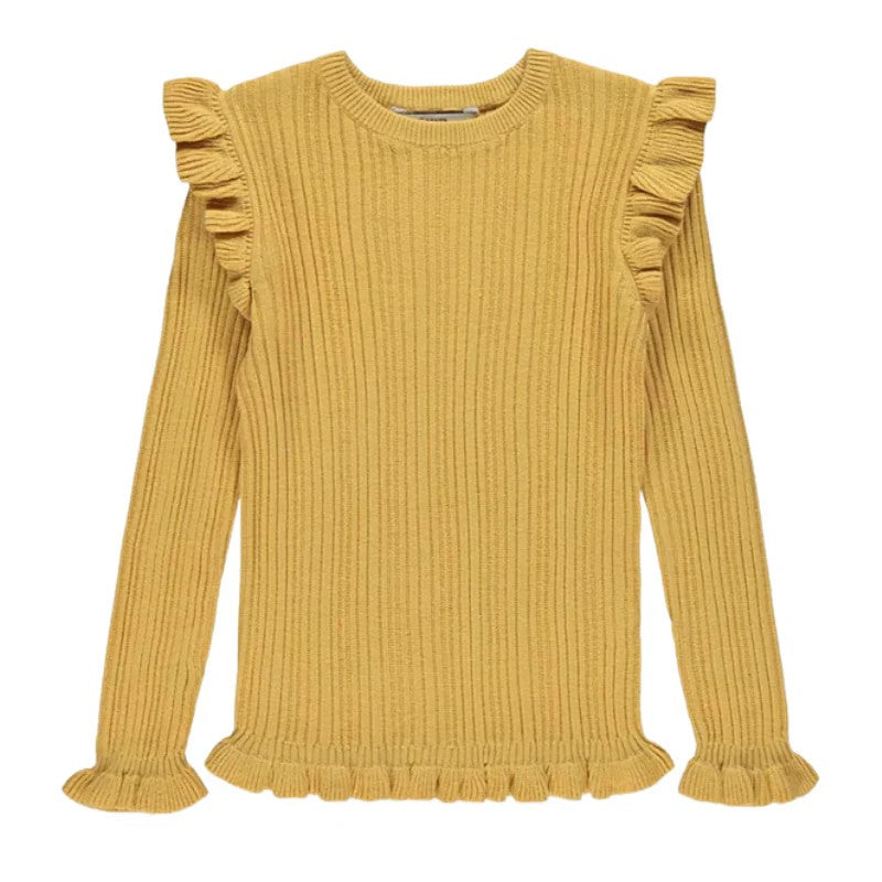 Girls Mustard Ribbed Cotton Frill Shoulder Cuffs Hem Longsleeve Crew Neck Jumper