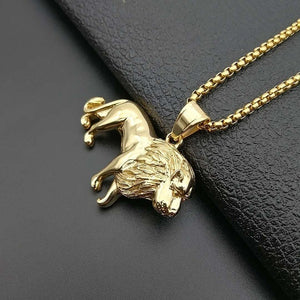 Mens Unisex Gold Plated Bold Solid Lion Pendant Link Chain Necklace