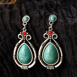 Ladies Ethnic Retro Tibetan Red Turquoise Water Drop Earrings