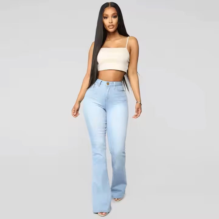 Ladies Blue High Waist Stretchy Flare Hem Bootcut Leg Denim Trouser Womens Jeans