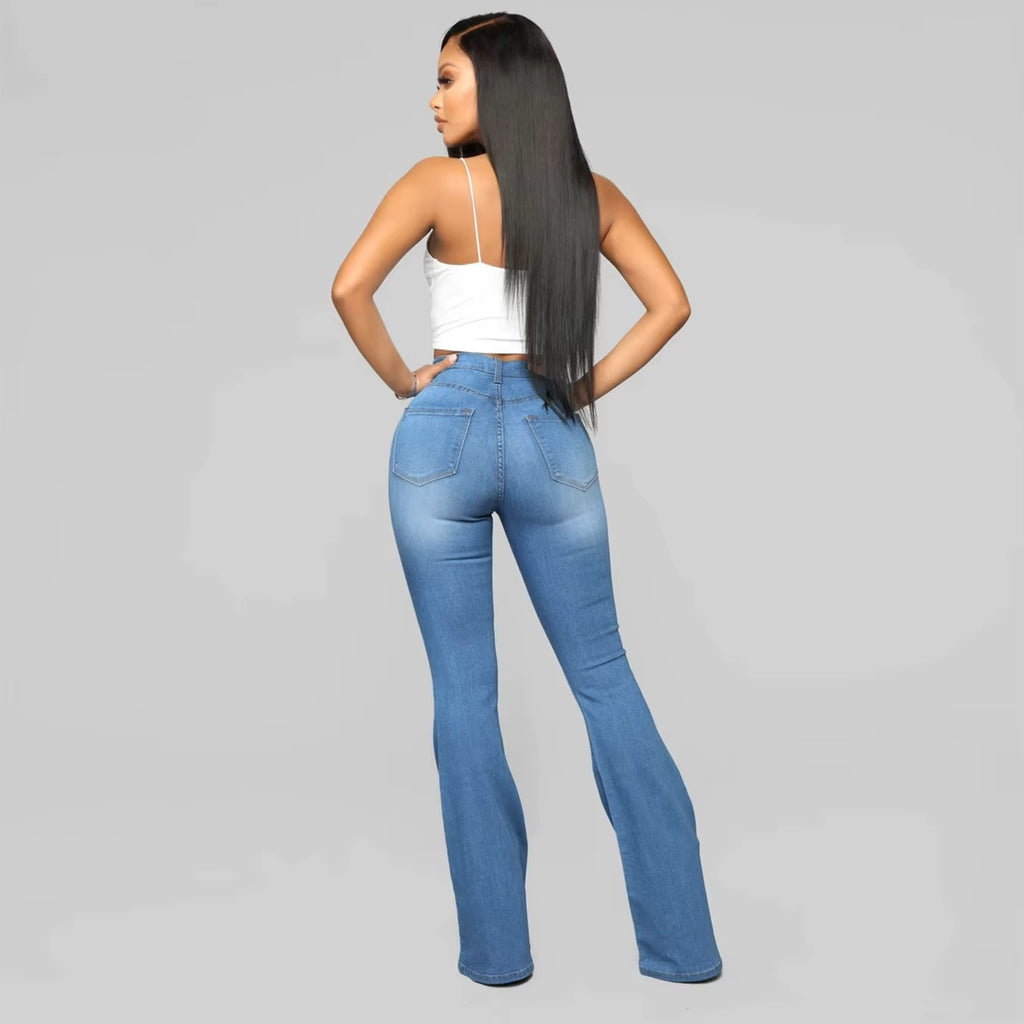 Ladies Blue High Waist Stretchy Flare Hem Bootcut Leg Denim Trouser Womens Jeans