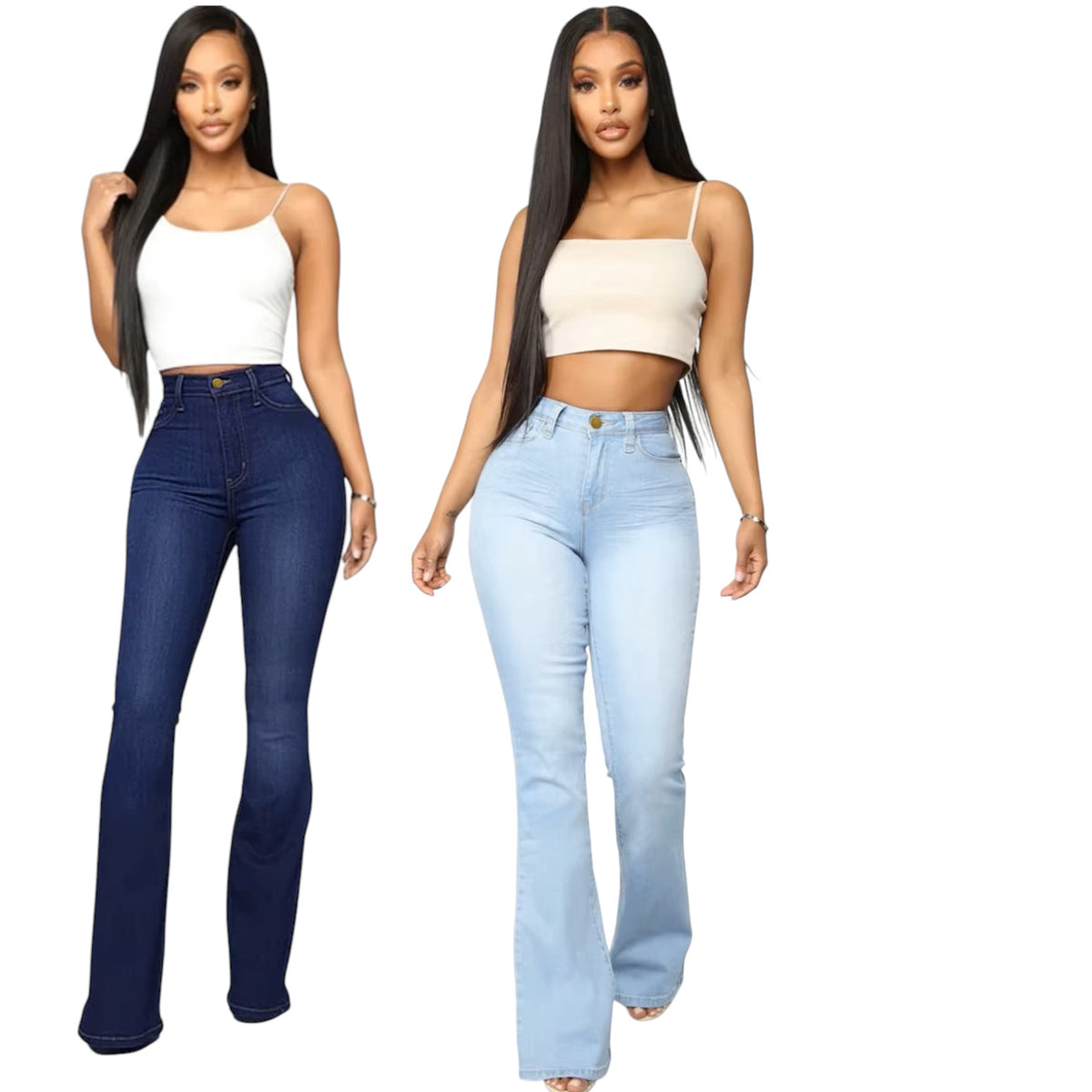 Ladies Blue High Waist Stretchy Flare Hem Bootcut Leg Denim Trouser Womens Jeans