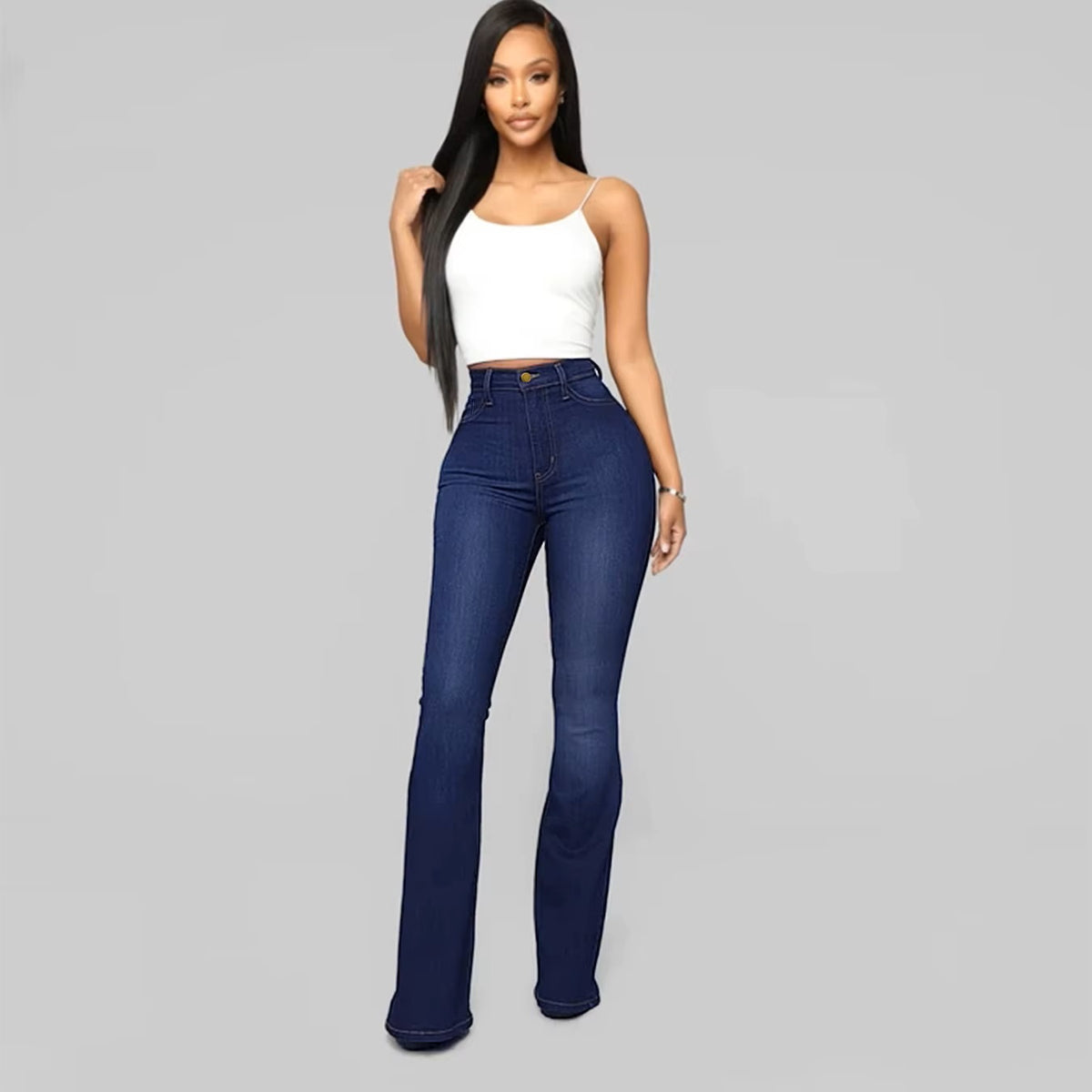 Ladies Blue High Waist Stretchy Flare Hem Bootcut Leg Denim Trouser Womens Jeans