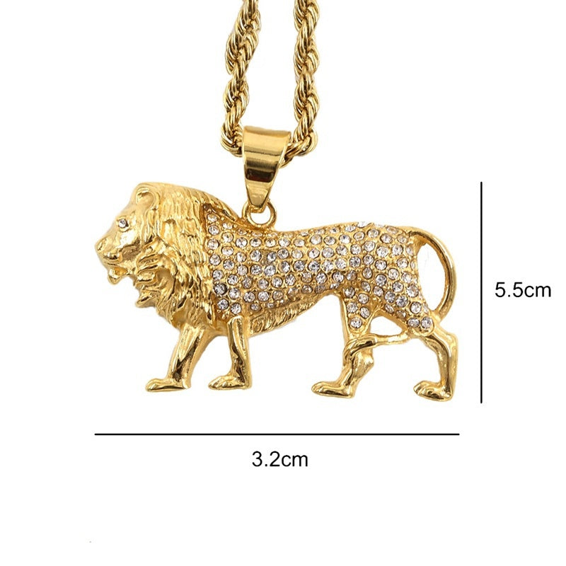 Mens Ladies Gold Solid Rhinestones Inlaid Lion Pendant Braid Link Chain Necklace