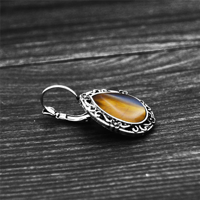 Ladies Ethnic Natural Tiger's Eye Gemstone Handmade Silver Scroll Hook Earrings