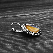 Load image into Gallery viewer, Ladies Ethnic Natural Tiger&#39;s Eye Gemstone Handmade Silver Scroll Hook Earrings
