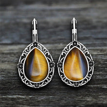 Load image into Gallery viewer, Ladies Ethnic Natural Tiger&#39;s Eye Gemstone Handmade Silver Scroll Hook Earrings
