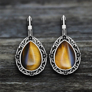 Ladies Ethnic Natural Tiger's Eye Gemstone Handmade Silver Scroll Hook Earrings