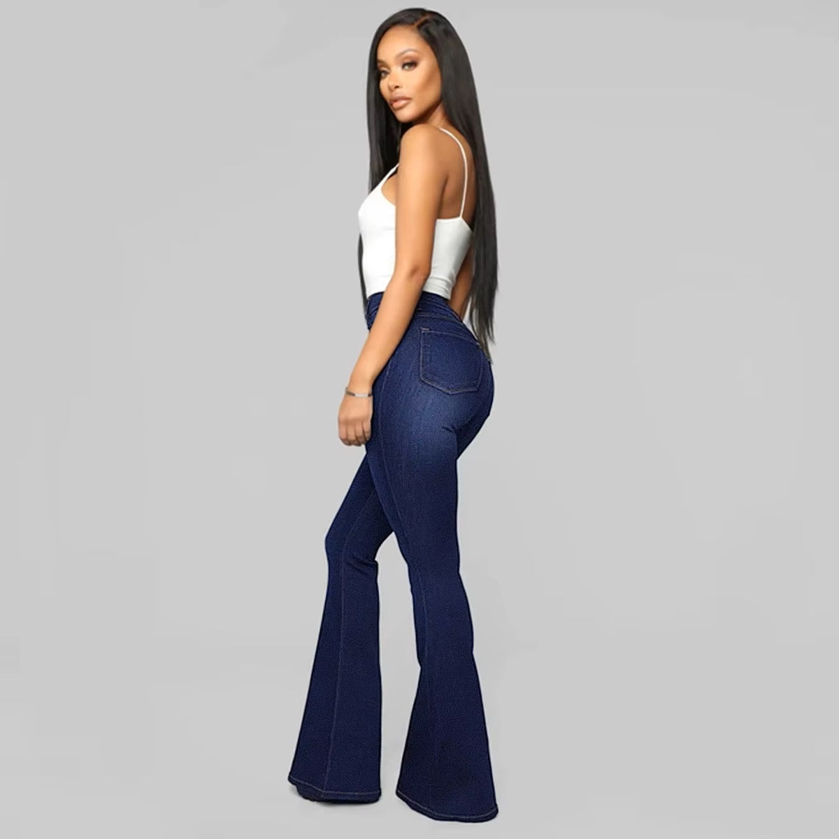Ladies Blue High Waist Stretchy Flare Hem Bootcut Leg Denim Trouser Womens Jeans
