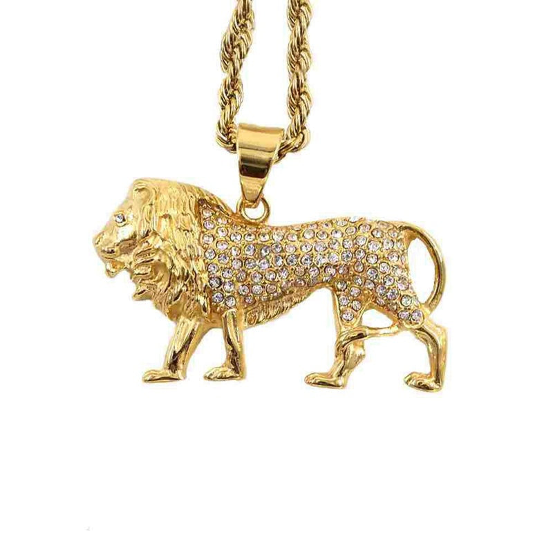 Mens Ladies Gold Solid Rhinestones Inlaid Lion Pendant Braid Link Chain Necklace