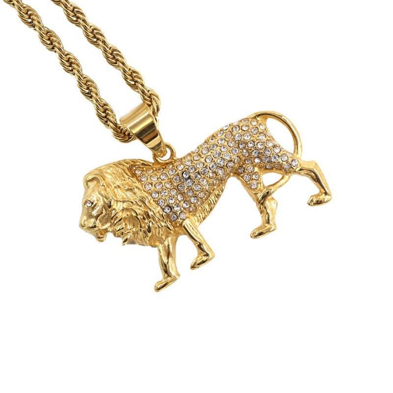 Mens Ladies Gold Solid Rhinestones Inlaid Lion Pendant Braid Link Chain Necklace