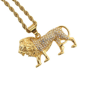 Mens Ladies Gold Solid Rhinestones Inlaid Lion Pendant Braid Link Chain Necklace