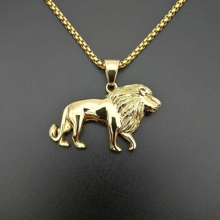 Mens Unisex Gold Plated Bold Solid Lion Pendant Link Chain Necklace