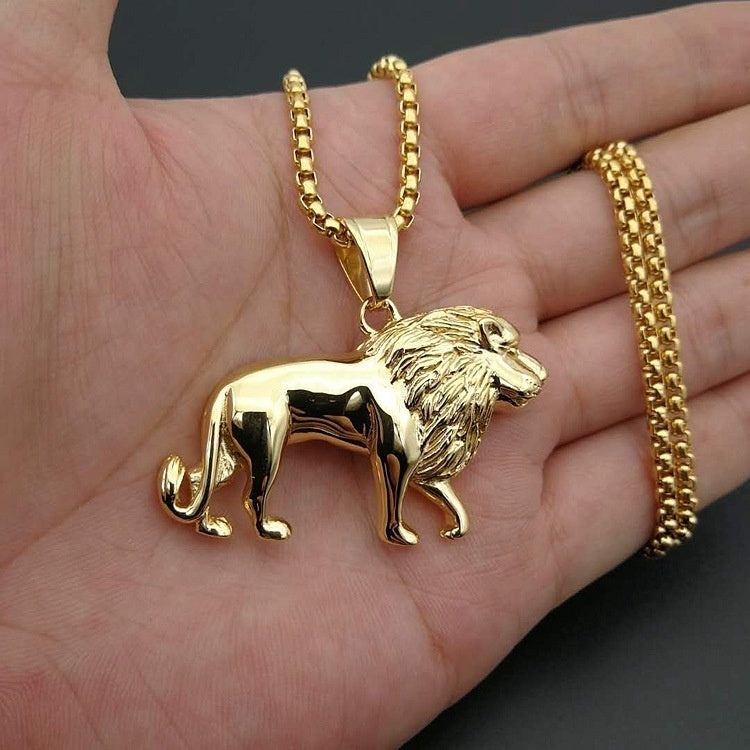 Mens Unisex Gold Plated Bold Solid Lion Pendant Link Chain Necklace