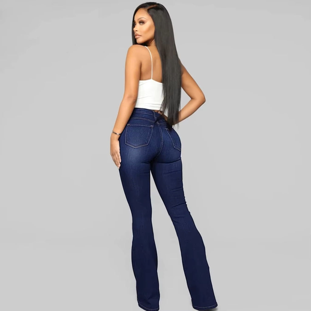 Ladies Blue High Waist Stretchy Flare Hem Bootcut Leg Denim Trouser Womens Jeans