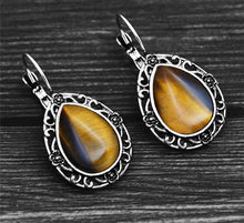 Load image into Gallery viewer, Ladies Ethnic Natural Tiger&#39;s Eye Gemstone Handmade Silver Scroll Hook Earrings
