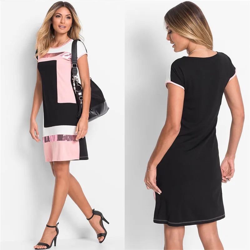 Ladies Womens Pink & Black Sequins Colour Block Shift Cap Sleeve Womens Dress