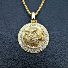 Load image into Gallery viewer, Mens Unisex Gold Roaring Wolf Head Crystals Solid Pendant Braid chain Necklace
