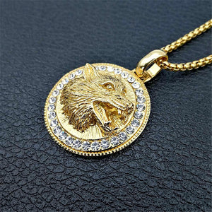 Mens Unisex Gold Roaring Wolf Head Crystals Solid Pendant Braid chain Necklace