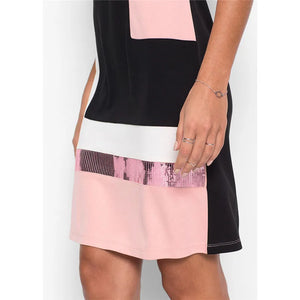 Ladies Womens Pink & Black Sequins Colour Block Shift Cap Sleeve Womens Dress