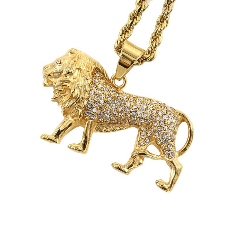 Mens Ladies Gold Solid Rhinestones Inlaid Lion Pendant Braid Link Chain Necklace