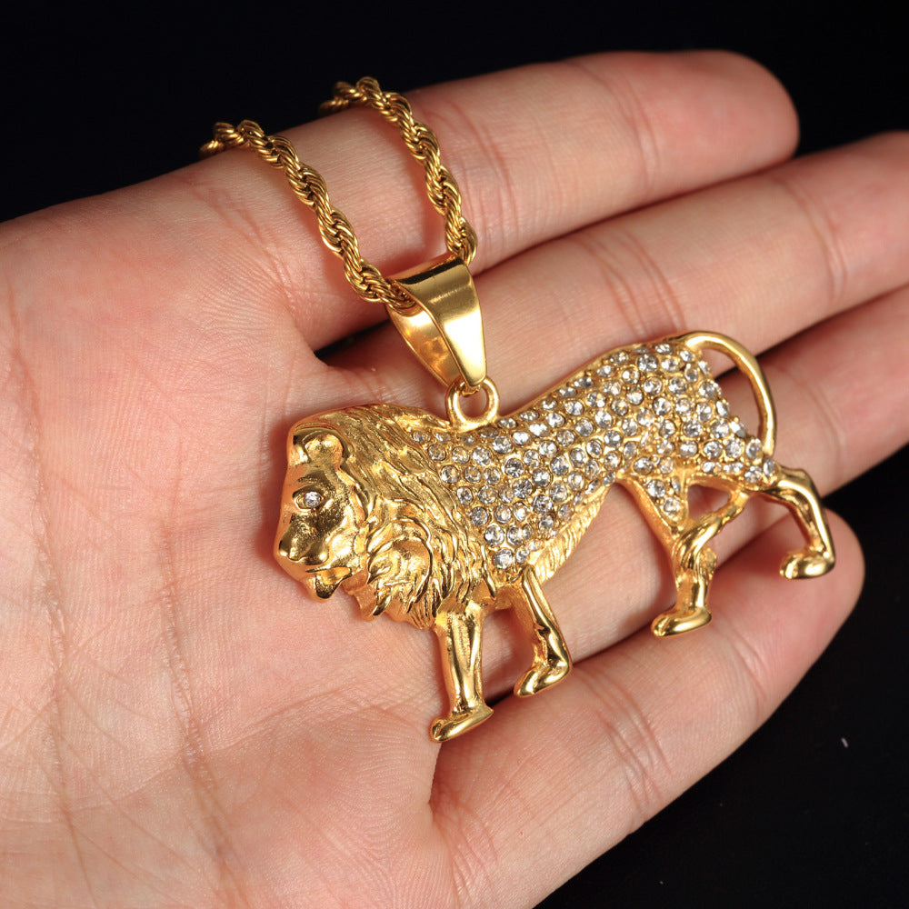 Mens Ladies Gold Solid Rhinestones Inlaid Lion Pendant Braid Link Chain Necklace