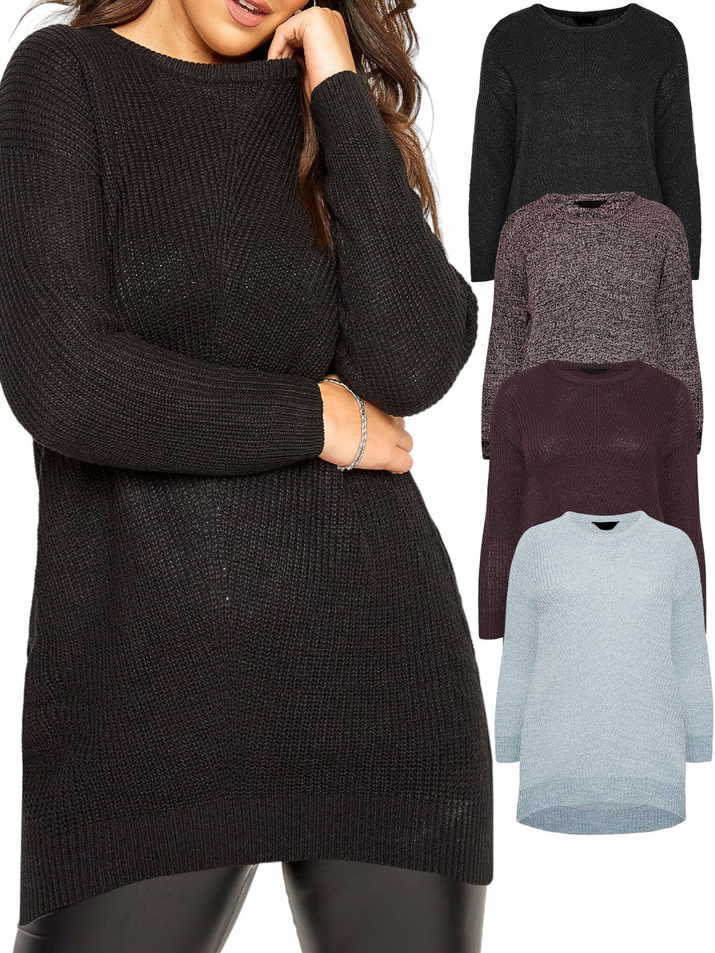 Ladies Chunky Rib Trimmed Longline Plus Size Jumpers