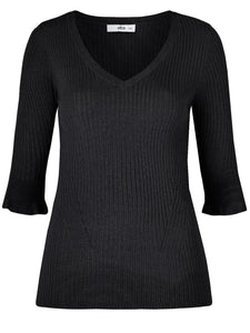 Ladie Black Ebba Ribbed 3/4 Sleeve Sweater